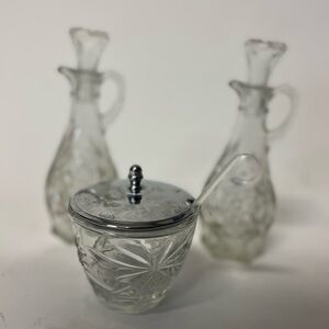 Star of David Anchor Hocking Glass Cruet Set with sugar dressing bowl w spoon